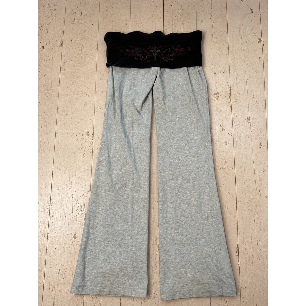 Y2K Cross Graphic Foldover Waist Yoga Flare Pant S Grunge 2000s Emo Mcbling Goth
